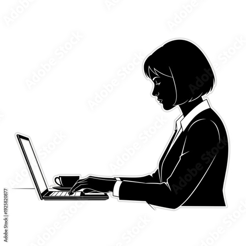 Woman working on laptop computer isolated on transparent background.