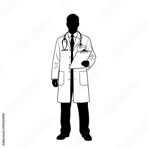 Doctor in white lab coat standing isolated on transparent background.