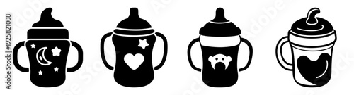 Baby feeding bottles and sippy cups set with cute animal faces vector illustration flat design