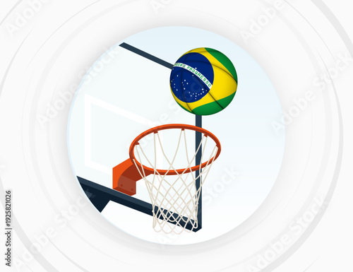 Brazil Flag Themed Basketball in Motion, Scoring Moment in Basketball Game.
