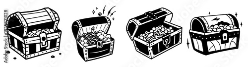 Treasure chest icon set with gold coins and jewels open and closed flat design vector illustration
