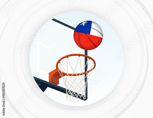 Chile Flag Themed Basketball in Motion, Scoring Moment in Basketball Game.