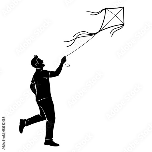 Man flying a kite outdoors recreationally isolated on transparent background.