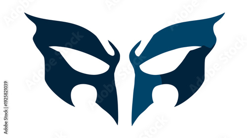 A stylized abstract illustration depicting a symmetrical mask design in shades of blue