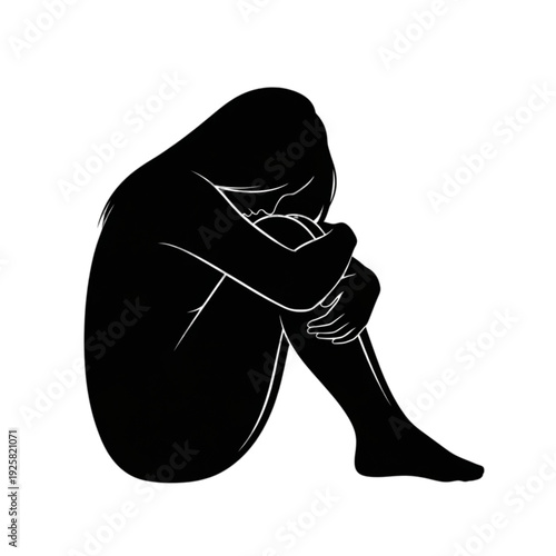 Person sitting alone in sorrow isolated on transparent background.