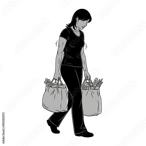 Woman carrying two large shopping bags isolated on transparent background.
