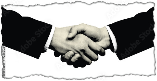 Two businessmen shaking hands halftone dot in a formal agreement, signifying partnership, deal, and trust against a torn paper background.
