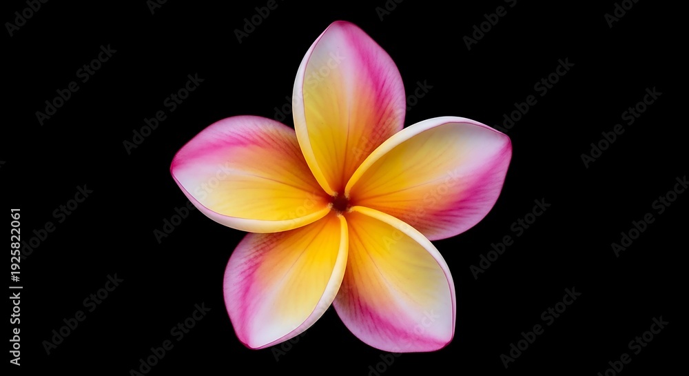Fototapeta premium Isolated, vibrant plumeria blossom, petals in pink, yellow, and white, set against black