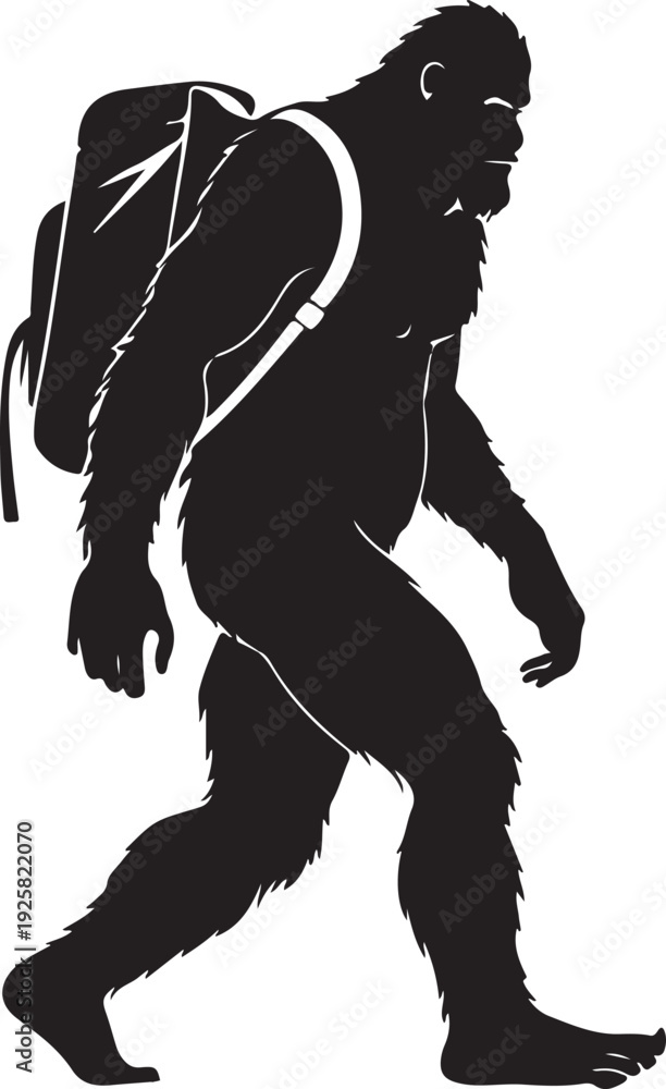 Naklejka premium Bigfoot Hiking with Backpack Silhouette