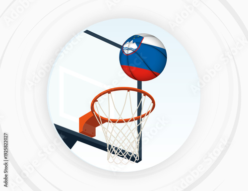 Slovenia Flag Themed Basketball in Motion, Scoring Moment in Basketball Game.