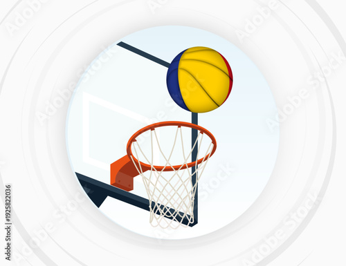 Romania Flag Themed Basketball in Motion, Scoring Moment in Basketball Game.