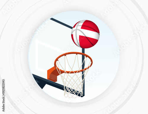 Denmark Flag Themed Basketball in Motion, Scoring Moment in Basketball Game.