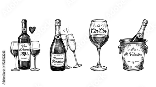 Vintage Hand Drawn Wine and Champagne Collection for Valentine Day with Bottles Glasses and Ice Bucket