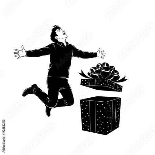 Man jumping next to gift box isolated on transparent background.