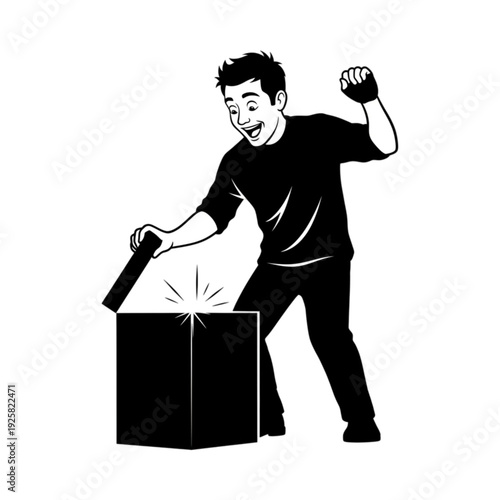 Man opening a big black box isolated on transparent background.