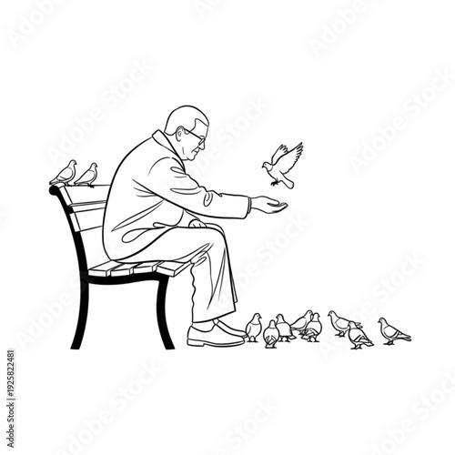 Man sitting on bench feeding birds isolated on transparent background.