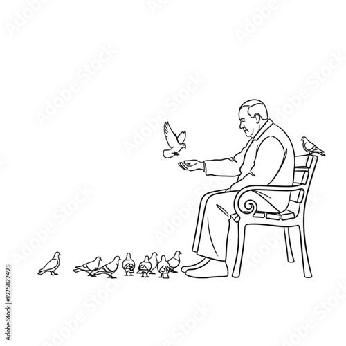 Man sitting on chair feeding pigeons isolated on transparent background.