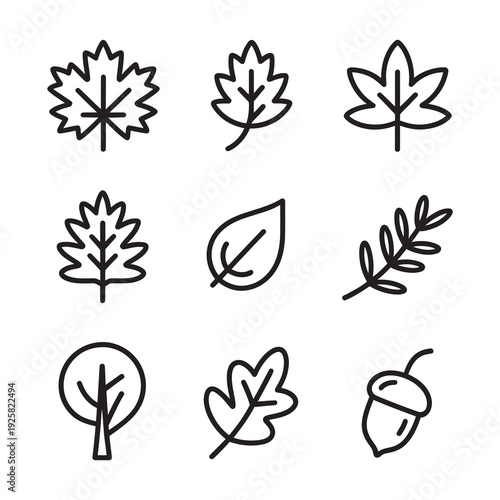Thick line autumn leaf and tree icons set for modern seasonal graphics
