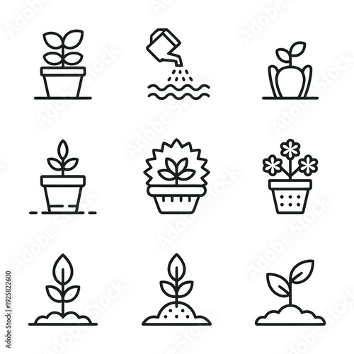 Gardening and plant growth icon set featuring watering pot and flowers