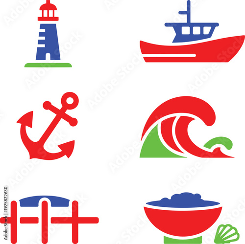 Set of sea and marine navigation symbols, ocean transport outline art design elements