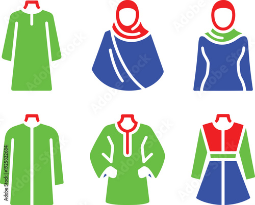 Set of six colorful traditional women fashion wear and clothing items