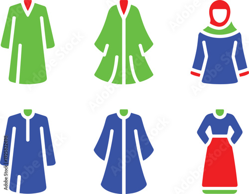 Set of six colorful traditional women fashion wear and clothing items in red green blue