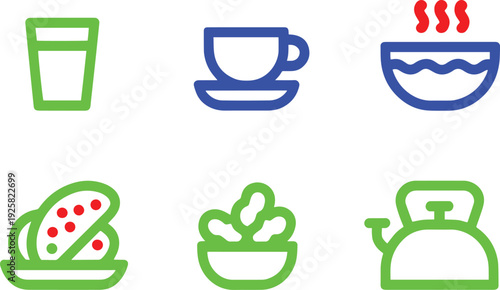 Set of six colorful food and drink icons on transparent background vector