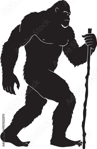 Bigfoot Sasquatch Hiking with Walking Stick Silhouette