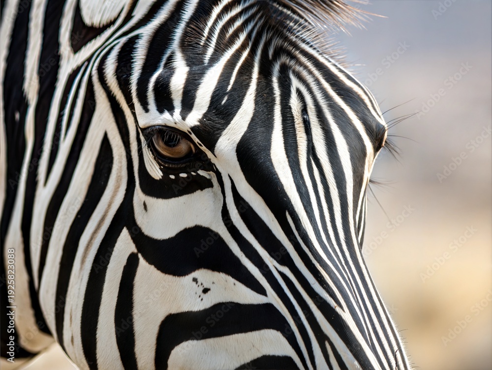 Naklejka premium A striking close-up of a zebra's face, showcasing bold black and white stripes with intricate detail. The natural lighting highlights the texture of the fur and the animal's deep gaze.