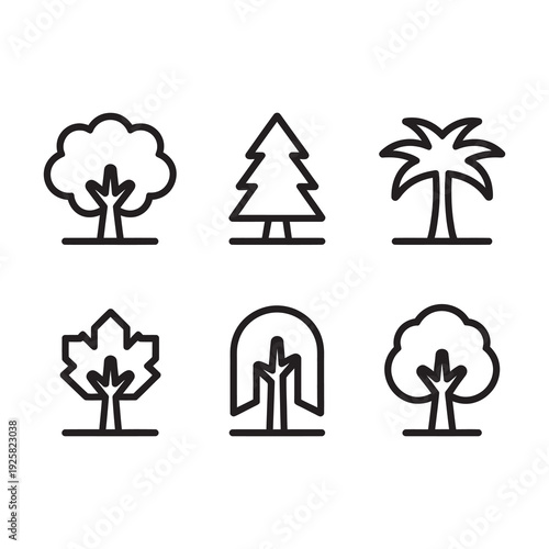 Six unique tree icons vector silhouette collection for nature