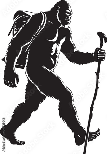 Bigfoot Sasquatch Hiking with Walking Stick and Backpack Silhouette