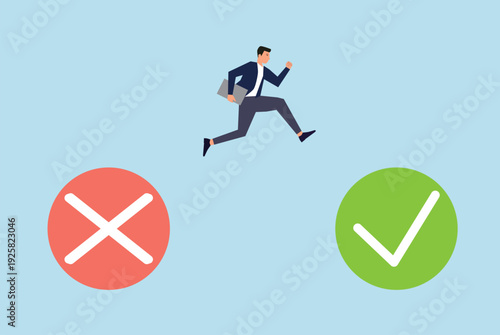 Businessman jump from crossed check box to ticked check box. Learning from mistakes for success concept, changing to right direction concept, development in work, career improvement