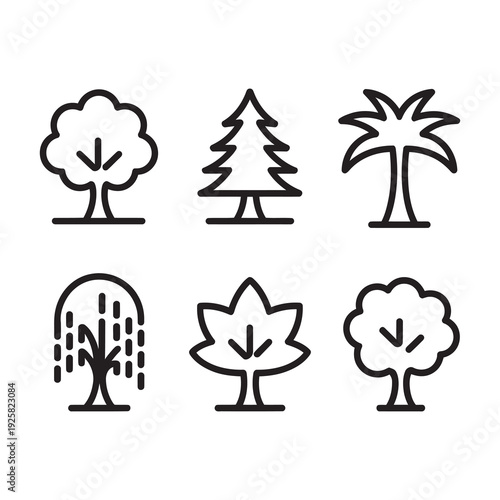 Different tree icons vector silhouette set for nature