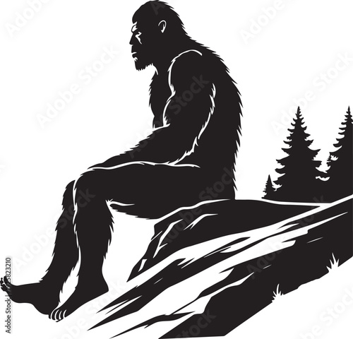 bigfoot sitting on the mountain silhouette
