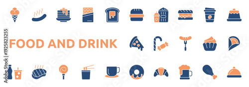 Food And Drink icon two color style with burger, popcorn, drink, sandwich, coffee cup, cake, pizza, candy, sausage, cupcake, taco, donut, croissant icons