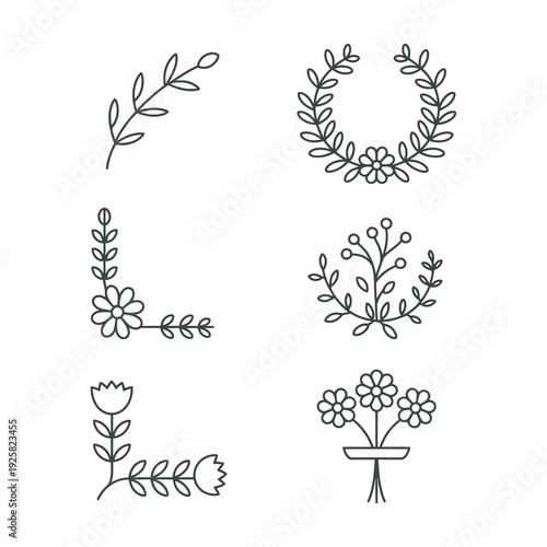 Floral and leaf decorative elements for design corner accent wreath