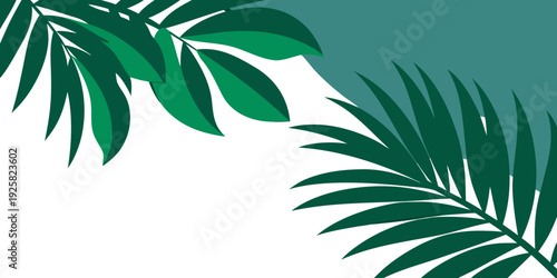 Tropical green leaves and palm fronds decorate this illustration, vector