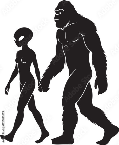 bigfoot and alien woman silhouette