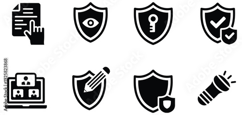 solid security icons, vector set representing document protection, data privacy, authentication, surveillance, and verified access, ideal for digital platforms, business applications, 