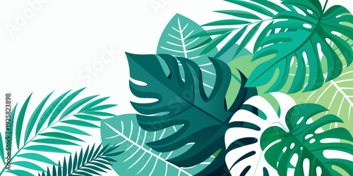 Tropical green leaves and palm fronds form a lush botanical illustration, vector