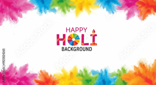 Vibrant Holi Festival Day background with colorful powder splashes and Happy Holi text in a festive frame, ideal for social media decoration and celebration design