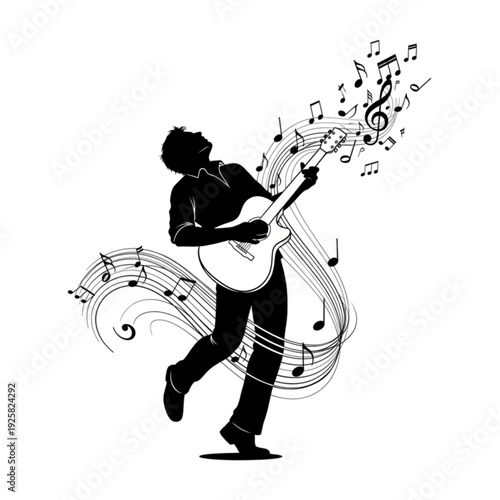 Man playing guitar with music notes isolated on transparent background.