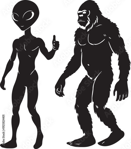 bigfoot and alien walking silhouette