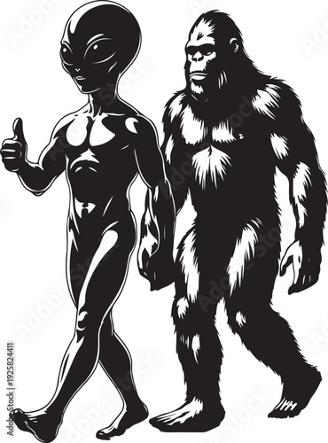 bigfoot and alien walking silhouette