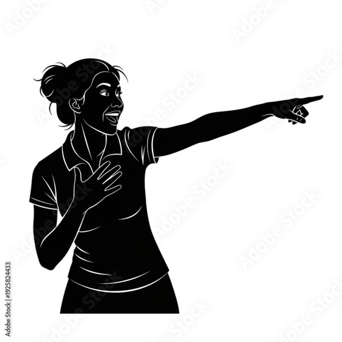 Woman pointing to the side gesturing isolated on transparent background.