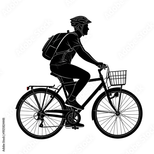 Man riding bicycle with backpack on isolated on transparent background.