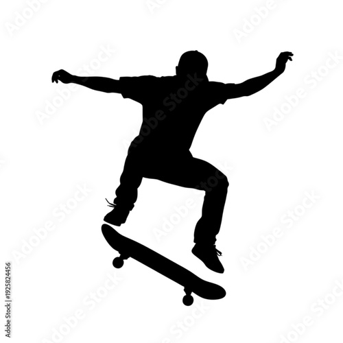 Man doing tricks on skateboard isolated on transparent background.