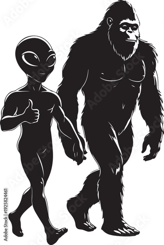 bigfoot and alien walking silhouette