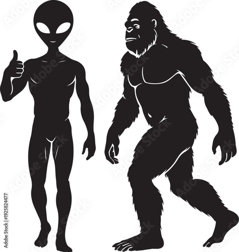 bigfoot and alien walking silhouette