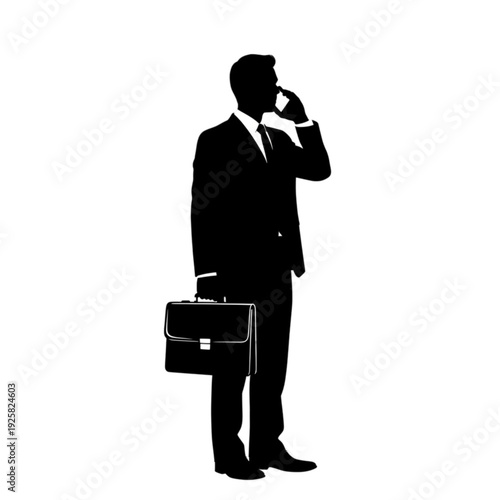 Businessman in suit talking on phone isolated on transparent background.